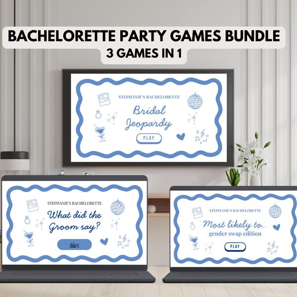 Bundel met vrijgezellenfeestspellen | Spel Jeopardy, meest waarschijnlijke geslachtsverandering en drinken | Vrijgezellenfeest, wat zei de bruidegom | Bewerkbaar canvas