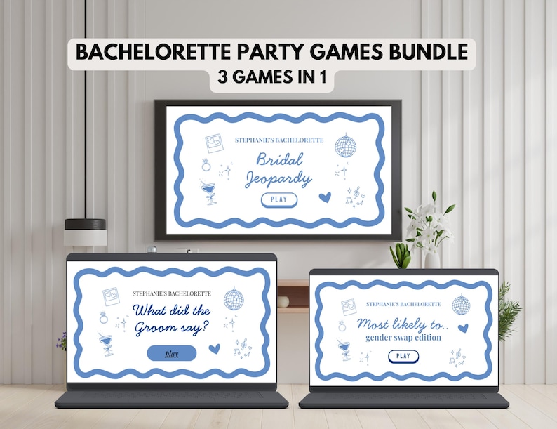 May include: A bachelorette party games bundle with three games in one. The games include Bridal Jeopardy, What did the Groom say?, and Most Likely To... gender swap edition. The games are displayed on a laptop and a monitor.