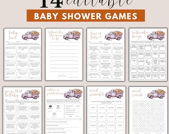 May include: A collection of 14 editable baby shower games. The games include baby food, advice for the mom to be, true or false, icebreaker bingo, guess that lullaby, advice & predictions, word scramble, and word search. Each game features a pink truck illustration.