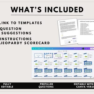 May include: A digital product image with the text "WHAT'S INCLUDED" and numbered bullet points: "1. LINK TO TEMPLATES", "2. QUESTION SUGGESTIONS", "3. INSTRUCTIONS", and "4. JEOPARDY SCORECARD". The image also includes a Canva template and the text "FULLY EDITABLE", "PREFILLED QUESTIONS", and "EDITABLE WITH FREE CANVA VERSION".