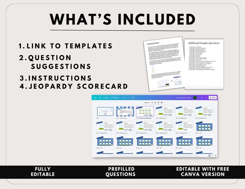 May include: A digital product image with the text "WHAT'S INCLUDED" and numbered bullet points: "1. LINK TO TEMPLATES", "2. QUESTION SUGGESTIONS", "3. INSTRUCTIONS", and "4. JEOPARDY SCORECARD". The image also includes a Canva template and the text "FULLY EDITABLE", "PREFILLED QUESTIONS", and "EDITABLE WITH FREE CANVA VERSION".