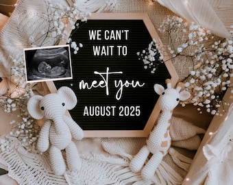 May include: A black letter board with the text "We can't wait to meet you August 2025". A white crocheted elephant and giraffe are on either side of the board. A black and white ultrasound image is in the top left corner.