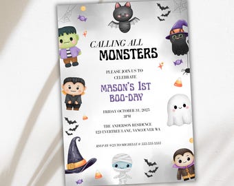 May include: A Halloween-themed invitation with the text "CALLING ALL MONSTERS" and "MASON'S 1ST BOO-DAY". The design features cartoon illustrations of a bat, cat, Frankenstein's monster, mummy, ghost, and vampire. The invitation is decorated with bats, candy corn, and spiderwebs.