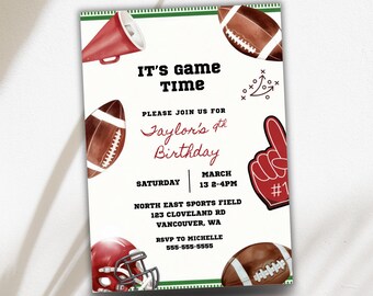 May include: White invitation with football theme. Features text "IT'S GAME TIME" and "Jaylor's 9th Birthday". Includes footballs, a megaphone, a foam finger, and a football helmet. Details include date, time, and location.