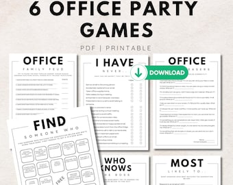 May include: Six printable black and white office party games. The games include "Office Family Feud", "I Have Never", "Office Easers", "Find Someone Who", "Who Knows the Boss", and "Most Likely To".