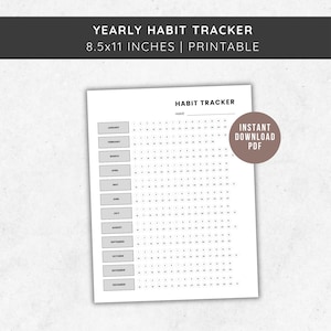 Könnte beinhalten: Ein weißer, bedruckbarer Gewohnheitstracker mit dem Text "YEARLY HABIT TRACKER" und "8.5x11 INCHES | PRINTABLE" oben. Der Tracker enthält Monate, Daten und einen Abschnitt für Gewohnheiten. Eine kreisförmige Grafik lautet "INSTANT DOWNLOAD PDF". Größe: 21,6 x 27,9 cm.
