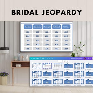 May include: A digital display of a "Bridal Jeopardy" game board with categories like "The Bride" and "The Groom." The text "BRIDAL JEOPARDY" is at the top. A laptop screen shows the game's design templates. The color scheme is blue and white.