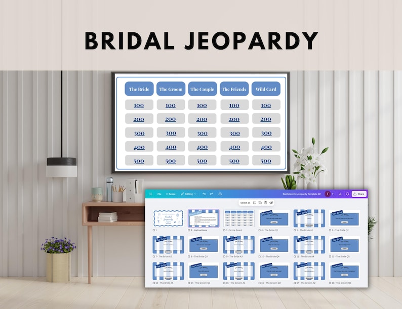 May include: A digital display of a "Bridal Jeopardy" game board with categories like "The Bride" and "The Groom." The text "BRIDAL JEOPARDY" is at the top. A laptop screen shows the game's design templates. The color scheme is blue and white.