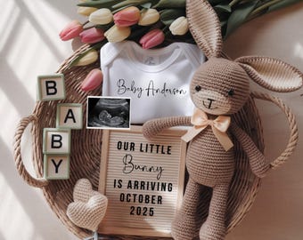 May include: A wicker basket filled with a white onesie that says "Baby Anderson", a brown crocheted bunny, a heart-shaped crocheted toy, and a letter board that says "Our little bunny is arriving October 2025".