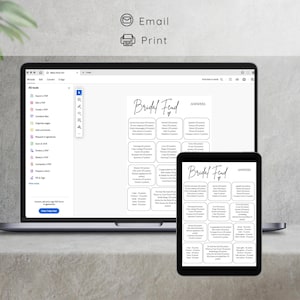 May include: A printable bridal feud game with answers displayed on a laptop and tablet screen. The game features questions about the bride and groom, with points awarded for correct answers.