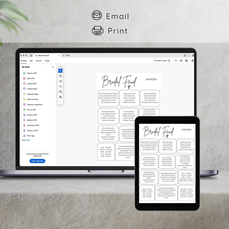 May include: A printable bridal feud game with answers displayed on a laptop and tablet screen. The game features questions about the bride and groom, with points awarded for correct answers.