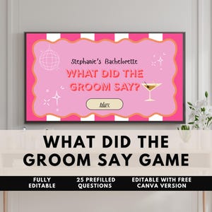 What did the groom say retro, Bachelorette Trivia Drinking Game, Hen Do Party Game, Editable Bridal Shower Games Canva Power Point