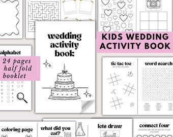 May include: A white wedding activity book for kids, featuring a three-tiered cake illustration. The book includes various activities like a maze, drawing prompts, and word searches. The cover reads "wedding activity book" in bold black letters.