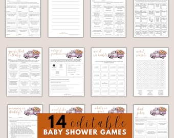 May include: A collection of 14 editable baby shower games. Each game features a watercolor illustration of a vintage purple truck carrying flowers. The games include "Baby Feud", "Advice for the Mom to Be", and "Word Search".