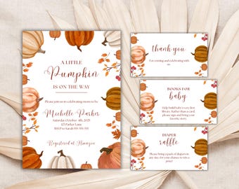 Little Pumpkin Baby Shower Invitation Bundle, Autumn Theme (Digital Download)
