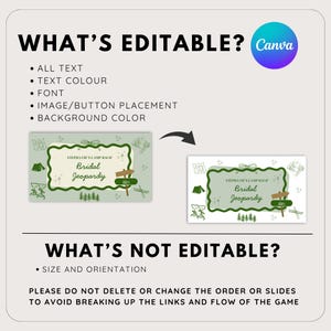 May include: A light green Canva template with the text "WHAT'S EDITABLE?" and a list of editable elements. Two examples of a "Bridal Jeopardy" game card are shown, with the text "Bridal Jeopardy" and camping-themed illustrations.
