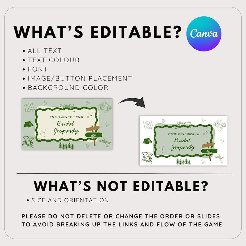 May include: A light green Canva template with the text "WHAT'S EDITABLE?" and a list of editable elements. Two examples of a "Bridal Jeopardy" game card are shown, with the text "Bridal Jeopardy" and camping-themed illustrations.