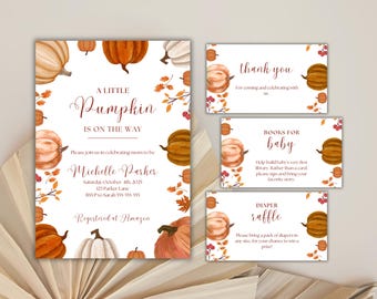 Little Pumpkin Baby Shower Invitation Bundle, Fall Theme (Editable Digital Download)