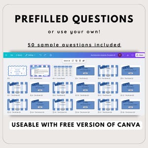 K&ouml;nnte beinhalten: Eine digitale Vorlage f&uuml;r ein Bachelorette Jeopardy-Spiel mit blau-wei&szlig; gestreiften Hintergr&uuml;nden. Das Design enth&auml;lt vorgefertigte Fragen und Anweisungen mit dem Text "PREFILLED QUESTIONS" und "50 sample questions included".