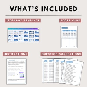 K&ouml;nnte beinhalten: Ein Bild, das den Inhalt eines Jeopardy-Spielkits zeigt. Es enth&auml;lt eine Jeopardy-Vorlage, eine Scorecard, Anweisungen und Fragevorschl&auml;ge. Der Text "WHAT'S INCLUDED" steht oben.