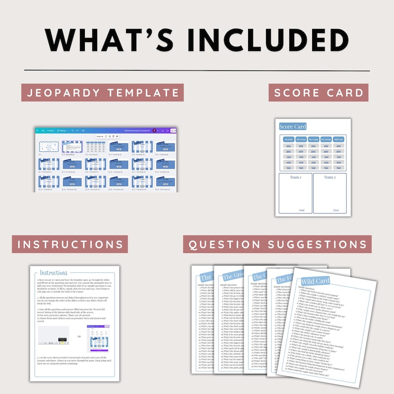 K&ouml;nnte beinhalten: Ein Bild, das den Inhalt eines Jeopardy-Spielkits zeigt. Es enth&auml;lt eine Jeopardy-Vorlage, eine Scorecard, Anweisungen und Fragevorschl&auml;ge. Der Text "WHAT'S INCLUDED" steht oben.