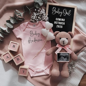 Anuncio digital de embarazo de niña, revelación de niña, anuncio de bebé, descarga instantánea de plantilla editable, revelación en redes sociales, rosa