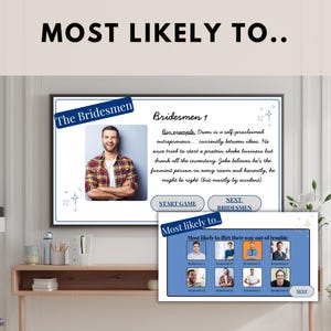 May include: A digital game screen displays the text "MOST LIKELY TO.." and "The Bridesmen." The game features a photo of a man and text describing him. A smaller screen shows a list of men with the prompt "Most likely to flirt their way out of trouble."