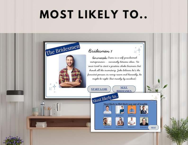 May include: A digital game screen displays the text "MOST LIKELY TO.." and "The Bridesmen." The game features a photo of a man and text describing him. A smaller screen shows a list of men with the prompt "Most likely to flirt their way out of trouble."