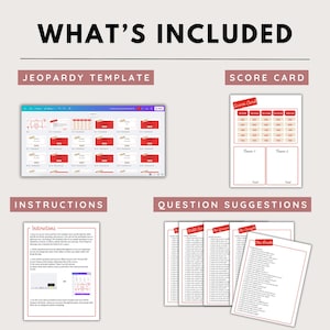 May include: An image showing the contents of a game kit, including a Jeopardy template, score card, instructions, and question suggestions. The text "WHAT'S INCLUDED" is at the top. The Jeopardy template is displayed on a computer screen.