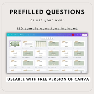 May include: A digital template for a Bachelorette Jeopardy game, featuring prefilled questions and the option to use your own. The design includes 150 sample questions and is usable with the free version of Canva.