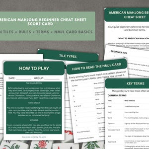 May include: A set of American Mahjong beginner cheat sheets and score cards with dark green headers. The printed pages include sections titled How to Play, Tile Types, How to Read the NMJL Card, and Key Terms, providing rules and terminology.