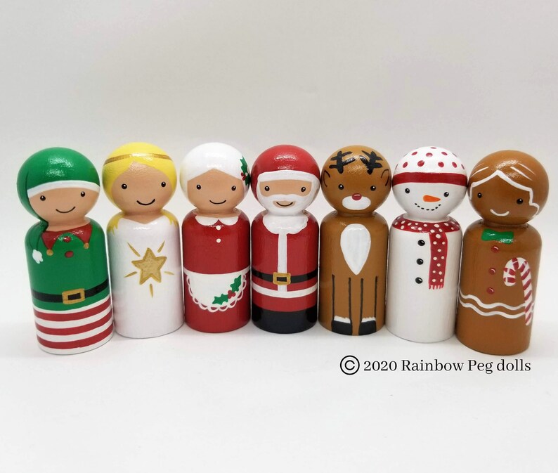 Christmas Peg Doll Set Seven Small Hand Painted Peg Dolls image 0