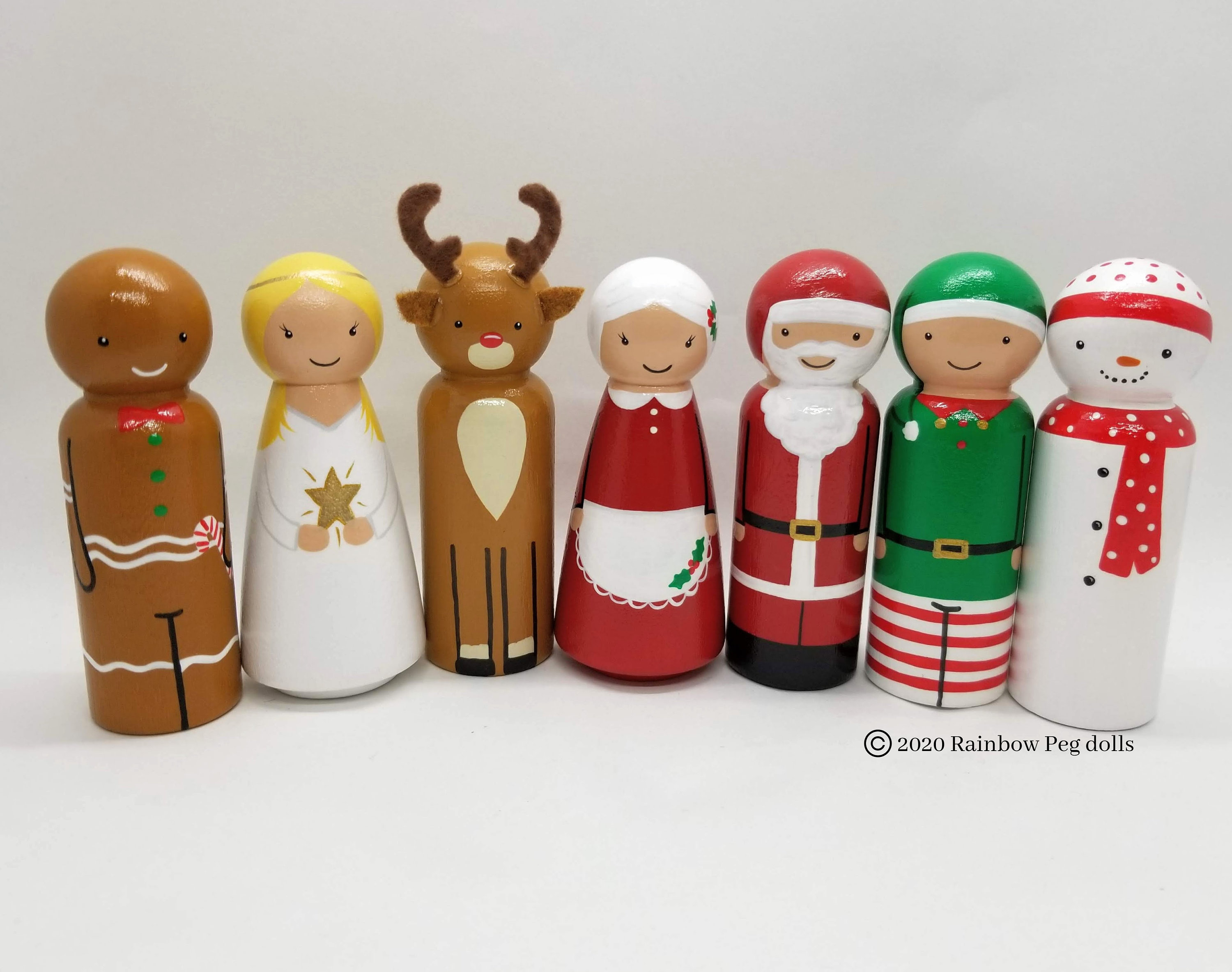 Christmas Peg Doll Set Seven Large Hand Painted Peg Dolls Etsy