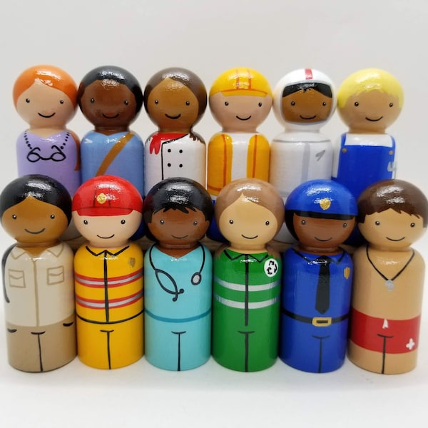 Multicultural Community Helpers Peg Dolls, Waldorf Wooden Toys, Unique Nursery Decor, Train Table Accessories, Montessori Play Figures