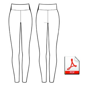 May include: Line drawing of a pair of pants with a high waist and a slim fit. The pants are shown from the front and back. The image includes the text "PDF" in a red box.