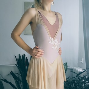 Balerina style leotard sewing pattern. Gymnastic leotard with small circle skirt. One piece mesh leotard, Dancer bodysuit - crossed back