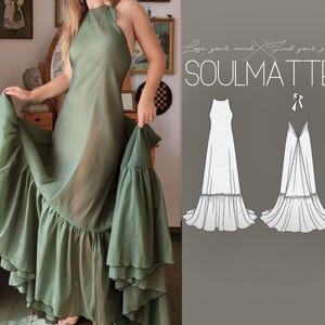 May include: A floor-length olive green dress with a high neckline, open back, and a wide ruffled hem. The right side of the image displays a technical line drawing of the dress with the text "Lose your mind. Find your soul. SOULMATTE."