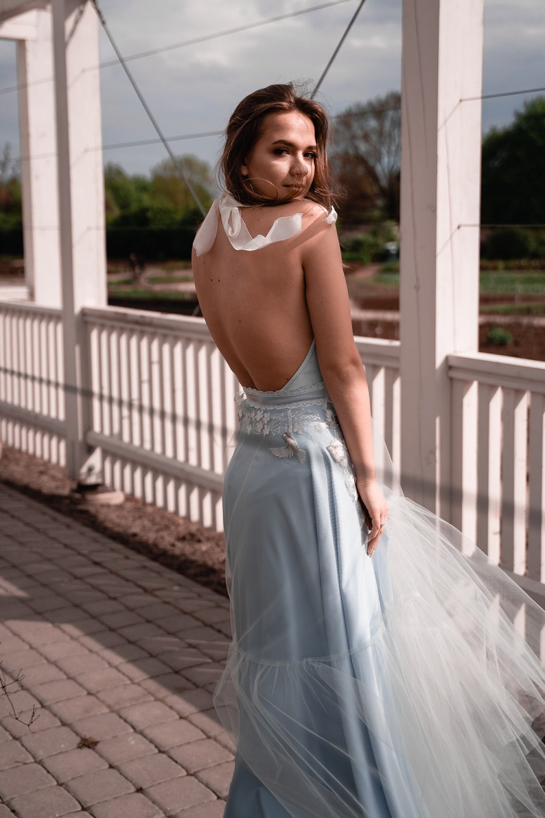 May include: A light blue floor-length dress featuring a backless design with white ribbon ties at the neck. The bodice and waist are adorned with white floral embroidery and small bird appliqu&eacute;s, complemented by a sheer tulle overlay skirt.