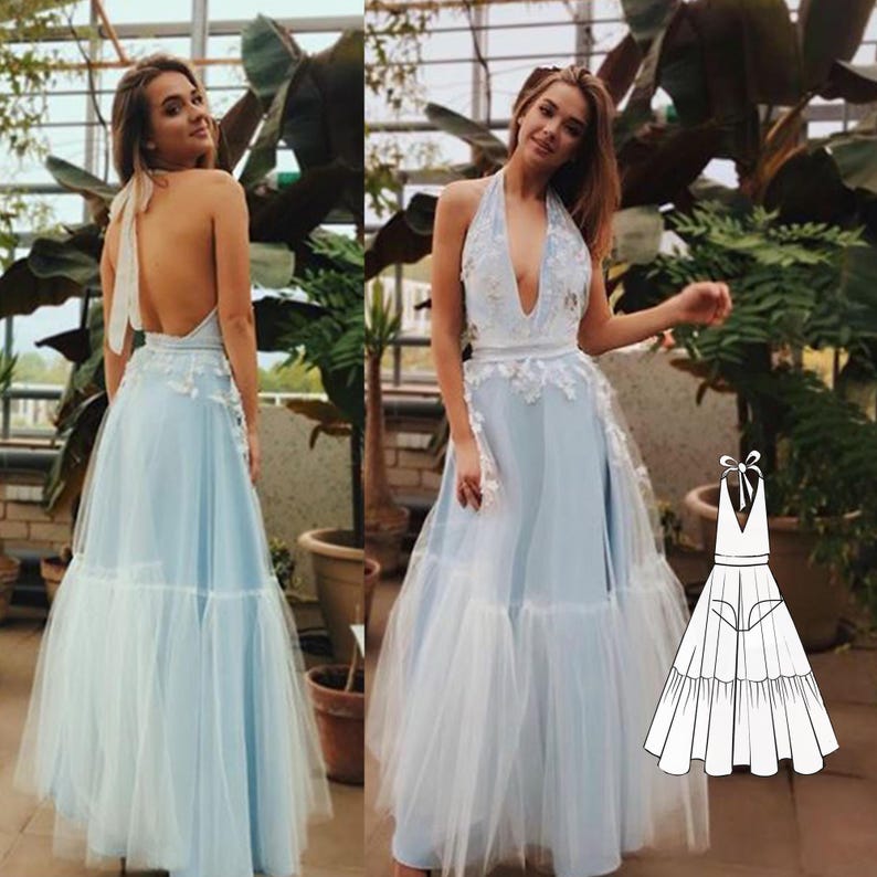 May include: A floor-length light blue dress featuring a deep V-neckline, a halter-style tie closure at the neck, and a layered tulle skirt with white floral lace appliqu&eacute;s at the waist. A black and white line drawing of the dress is included.