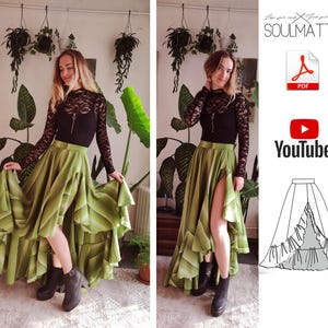 PDF sewing skirt pattern with video tutorial, wide gore evening skirt pattern for beginners. Ruffle skirt with split, size XS-5XL