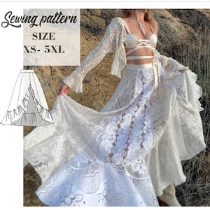 May include: A white lace skirt with a high slit and a ruffled hem. The skirt is shown on a model wearing a white lace top and a white crochet cardigan. The text "Sewing pattern SIZE XS-5XL" is visible in the image.