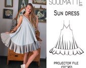 Projector file Sun dress - circle cut dress, maxi ruffle dress, V neckline,  Short dress pattern, Evening dress pattern, dress with straps