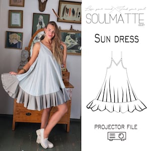 May include: A light blue sun dress with a V-neck and a ruffled hem. The dress is sleeveless and has a flowing silhouette. The image also includes the text "SOULMATTE" and "SUN DRESS".