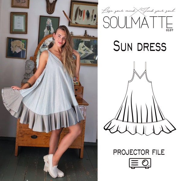 Projector file Sun dress - circle cut dress, maxi ruffle dress, V neckline,  Short dress pattern, Evening dress pattern, dress with straps