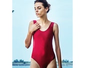 Red swimsuit, one piece simple swimsuit, red swimwear, baywatch swimsuit, flower decorated, bodice, leotard red, bodysuit
