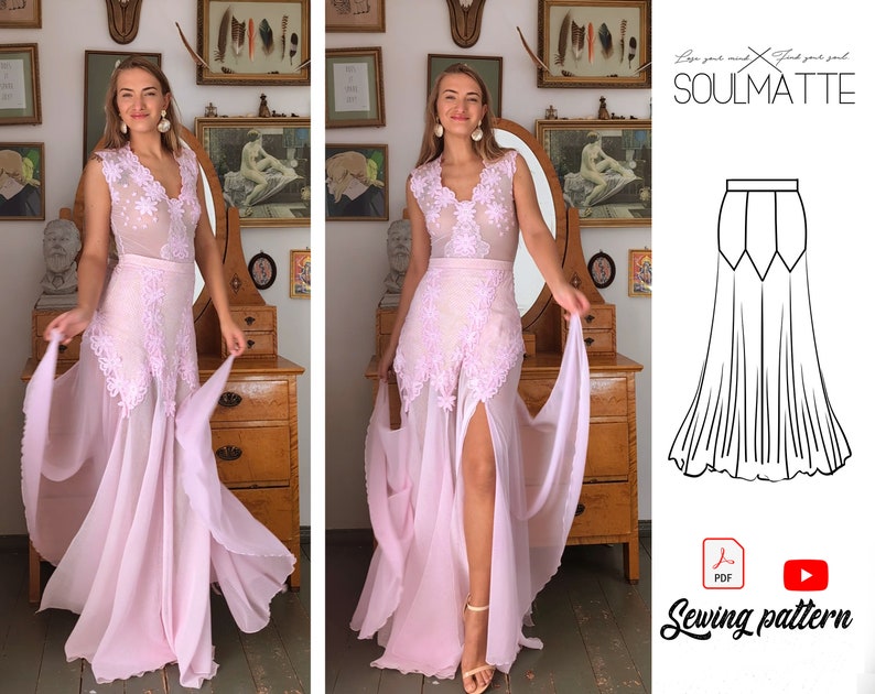 Mermaid Skirt, Wide Evening Gown Pattern, Belly dance skirt with splits image 5
