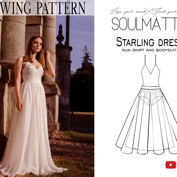 Classic silhouette dress sewing pattern. Long dress pattern, bridal, wedding dress pattern, skirt and bodysuit sewing, V neckline decolette.