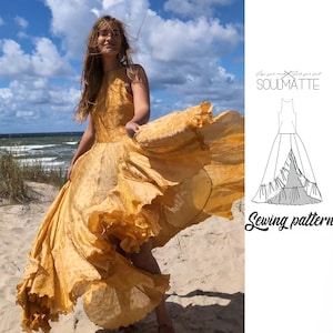 Sewing pattern for long flowy dress with thin straps and open back. Asymetric split. Large drapes on the bottom