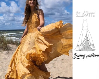 Sewing pattern for long flowy dress with thin straps and open back. Asymetric split. Large drapes on the bottom