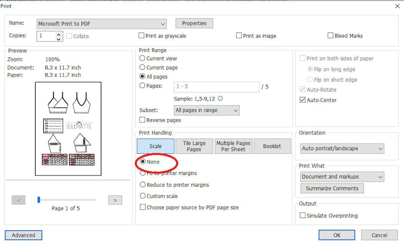 Puede incluir: Captura de pantalla de un cuadro de di&aacute;logo de impresi&oacute;n con opciones para imprimir un documento en PDF. El di&aacute;logo incluye configuraciones para copias, rango de impresi&oacute;n y escala. La vista previa muestra una p&aacute;gina con dise&ntilde;os de sujetadores y el texto "SOULMATTE".